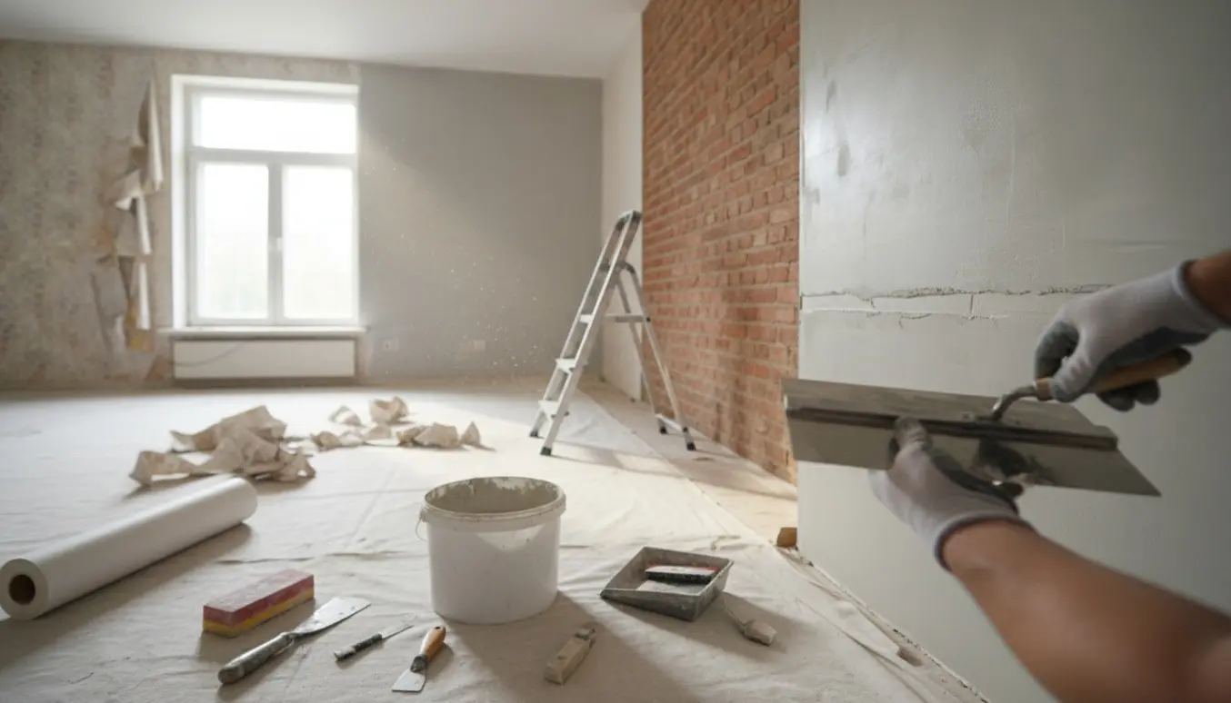 Tom stue under renovering med vægge i forskellige stadier af spartling og fjernet tapet samt værktøj på gulvet.