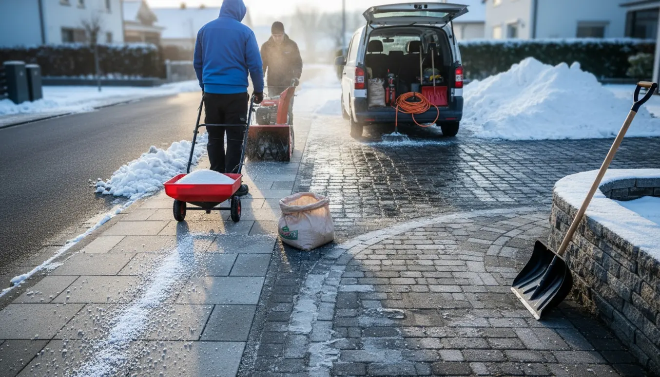 Tidlig vintermorgen: arbejdere rydder sne og spreder salt på fortov, indkørsel og havegang.
