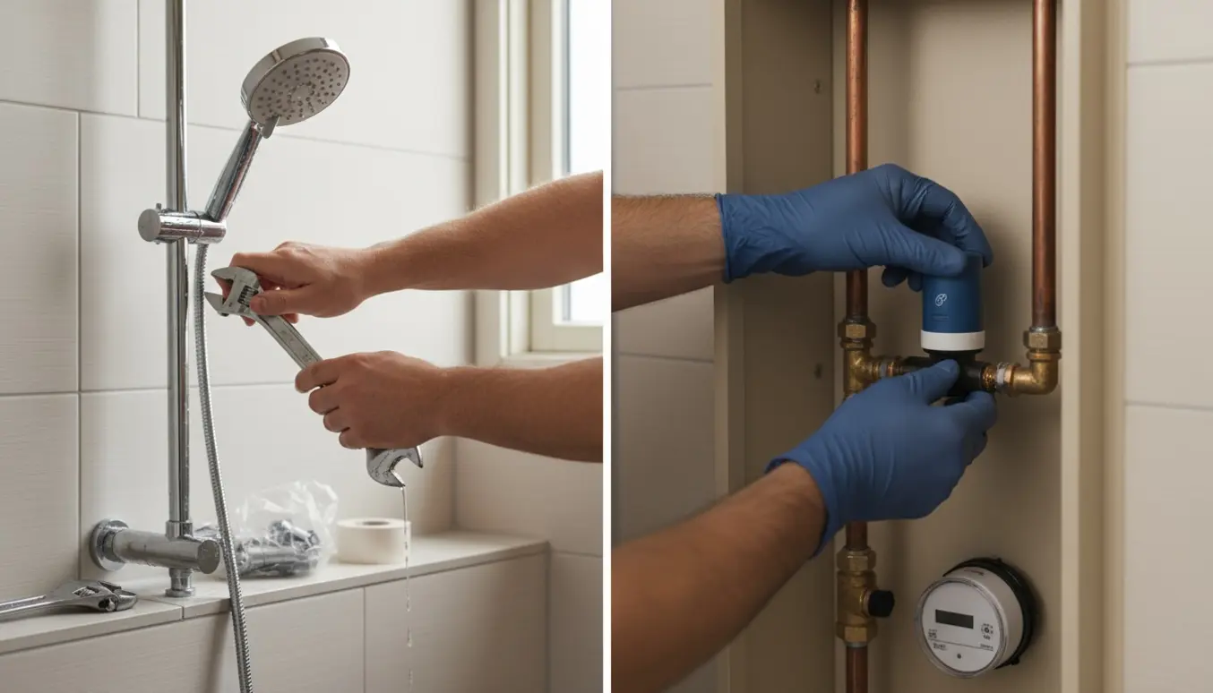 Hænder udskifter et nyt brusesæt i et lyst badeværelse, mens en kalkknuser monteres ved vandmåleren.