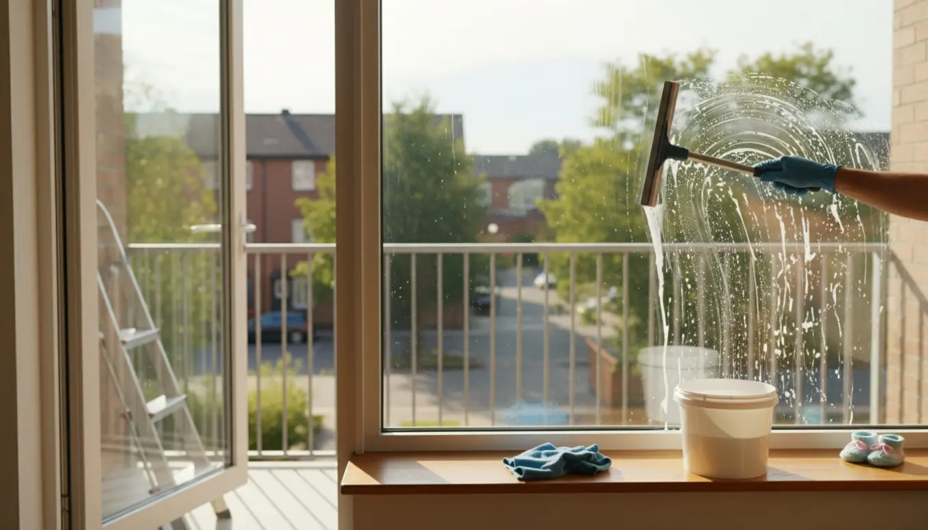 Hænder pudser en altandør med skraber og klud, rengøringsudstyr på vindueskarmen og en lille babysko i baggrunden.