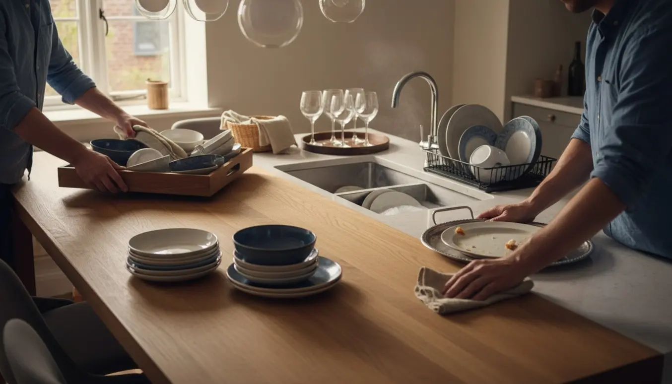 Hænder rydder af bordet og vasker op efter middag i et varmt oplyst køkken.