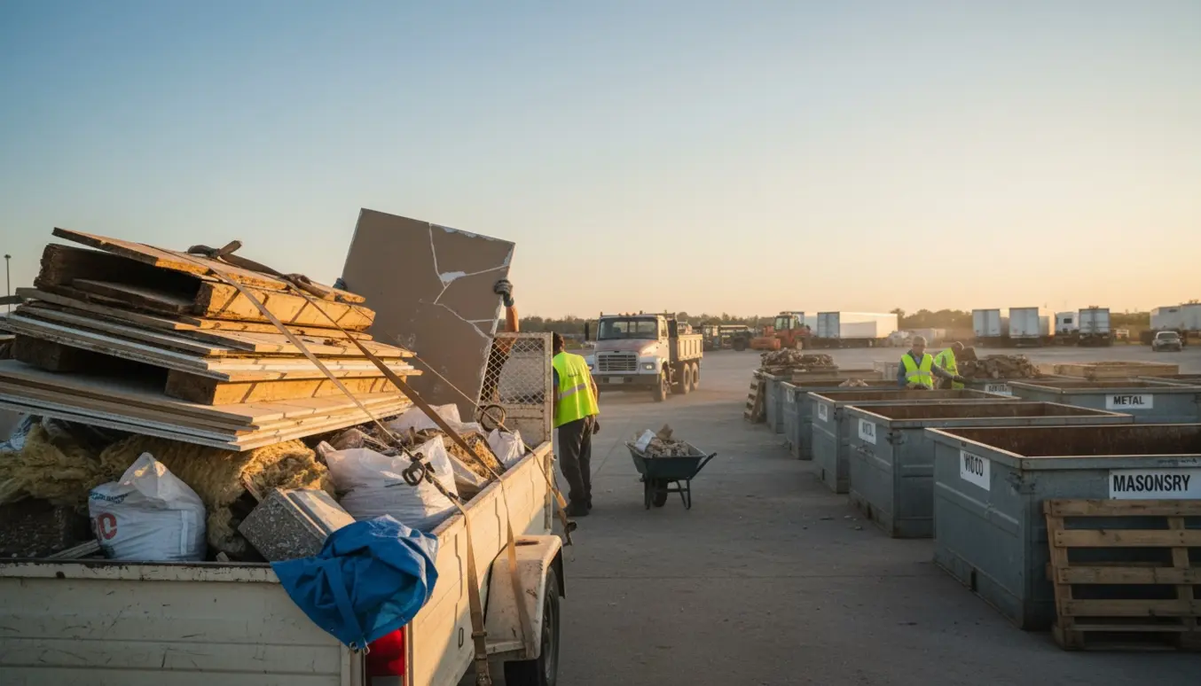 Fyldt trailer med renoveringsaffald og personer, der sorterer det på en genbrugsplads.