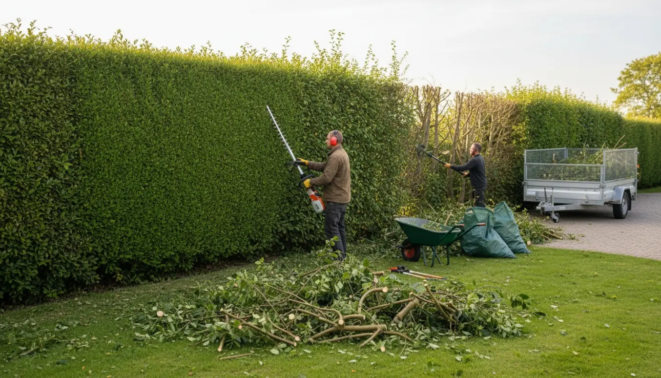 Hæk klippes med langt trimmerredskab, grene er samlet i bunker og en gittertrailer står klar til bortkørsel.