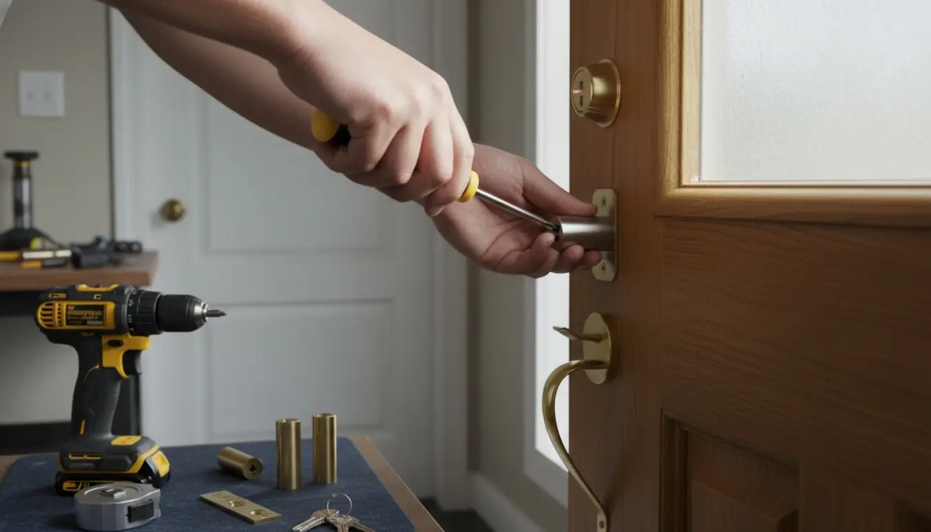 Nærbillede af hænder, der monterer en ny cylinderlås i en hoveddør.
