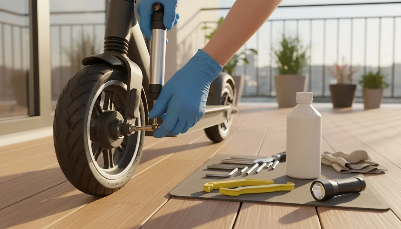 Forhjulsreparation af el-løbehjul med hjul taget af og værktøj på en solbelyst garageflade.