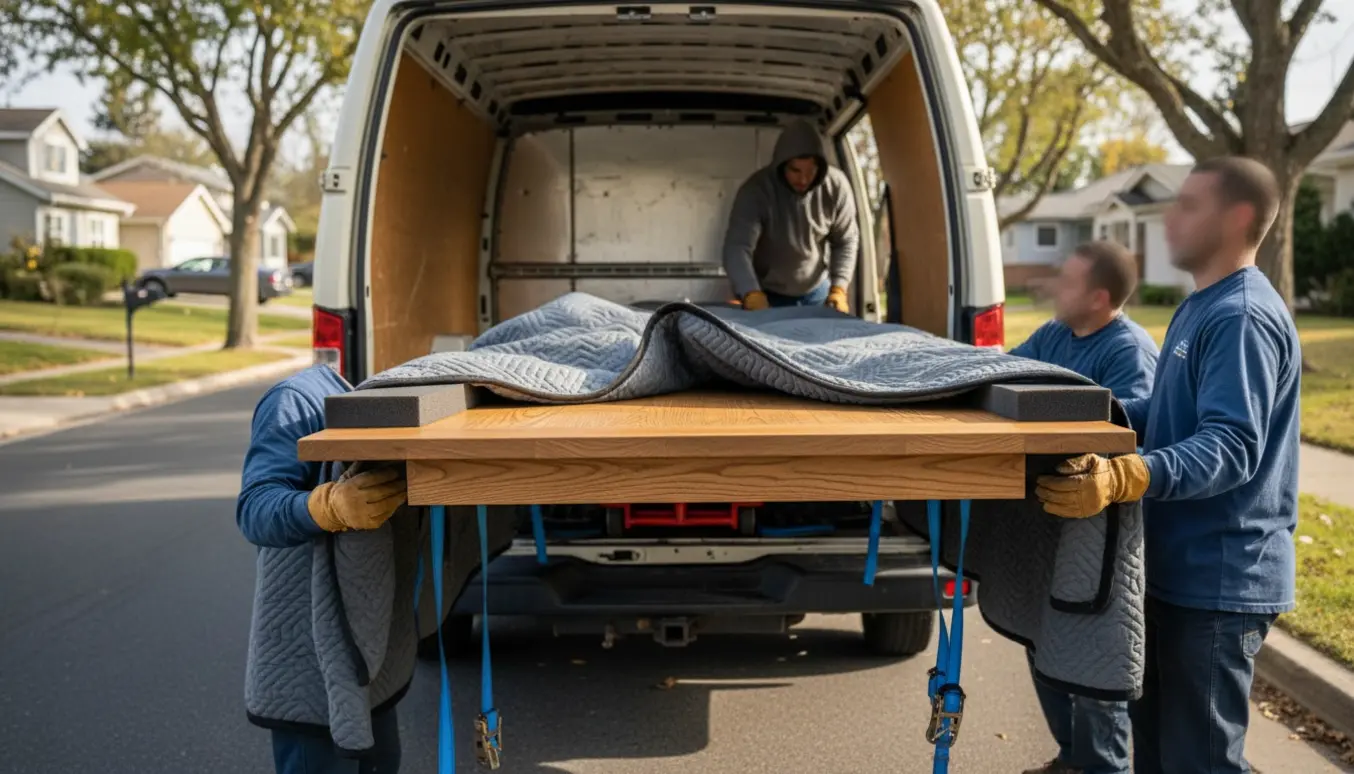 Langt spisebord læsses i en varevogn af flere hjælpere, pakket ind i flyttetæpper og sikret med stropper.