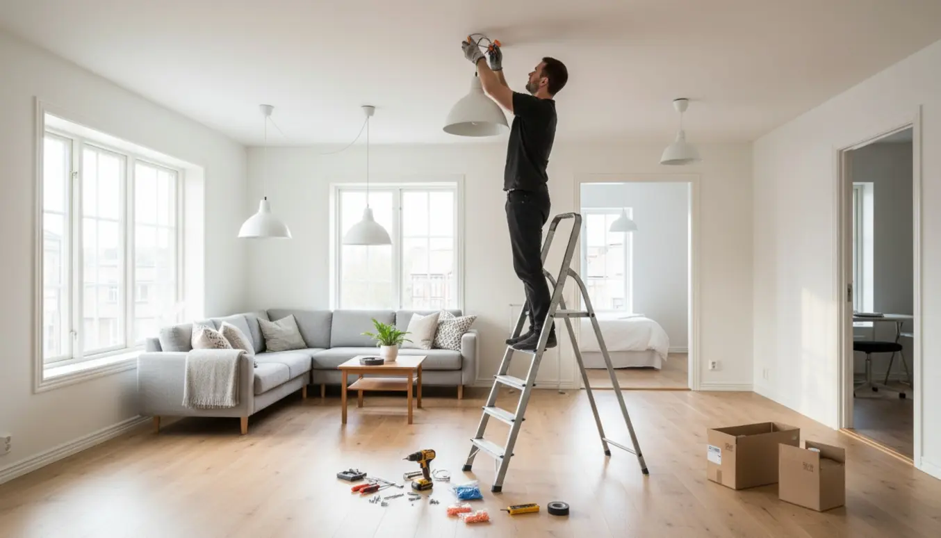 Hænder monterer en Ikea loftlampe i en lys skandinavisk lejlighed med værktøj og andre lamper i baggrunden.