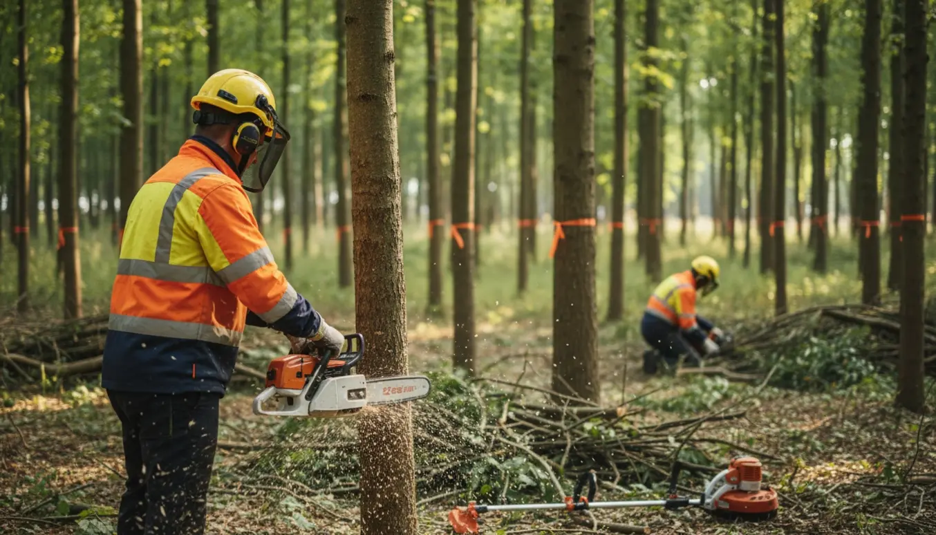 En skovarbejder beskærer mindre træer i en ung skov med markerede træer og bunker af afklippede grene.