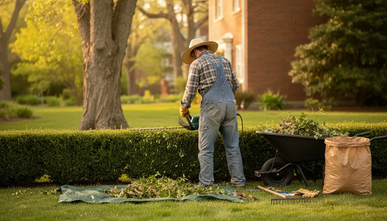 Nærbillede af beskæring af buske og en lav hæk med hækkeklipper og en trillebør fyldt med afklip.