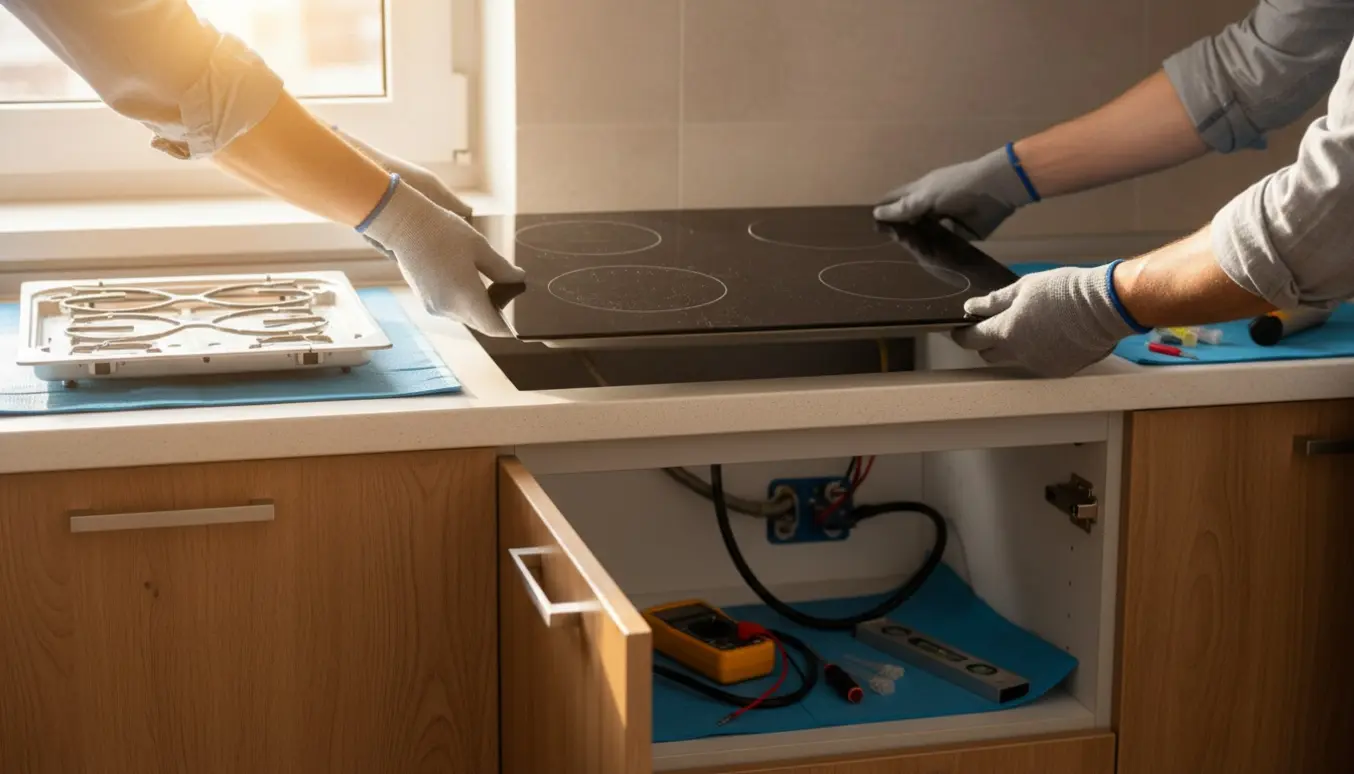 Hænder monterer en sort glas induktionskogeplade i en udskæring i køkkenbordet i en lys lejlighed.