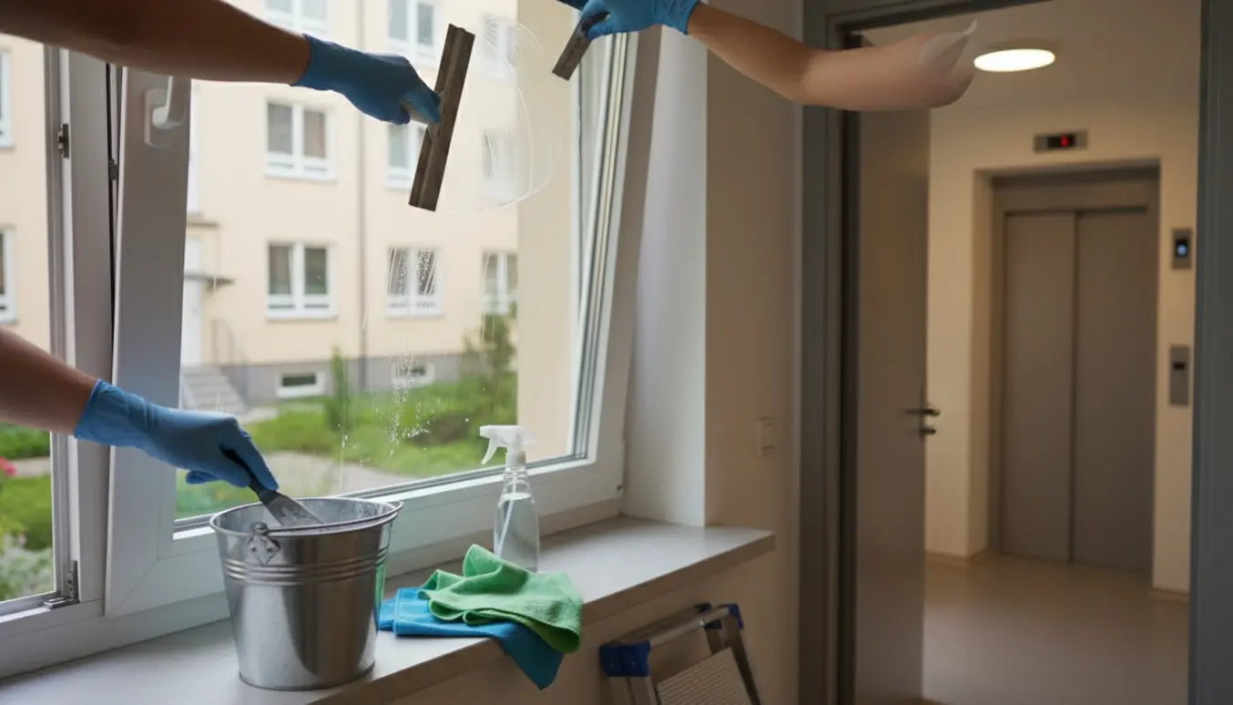 Indvendig vinduespudsning i en lejlighed med hands-on squeegee, spand og elevator i baggrunden.
