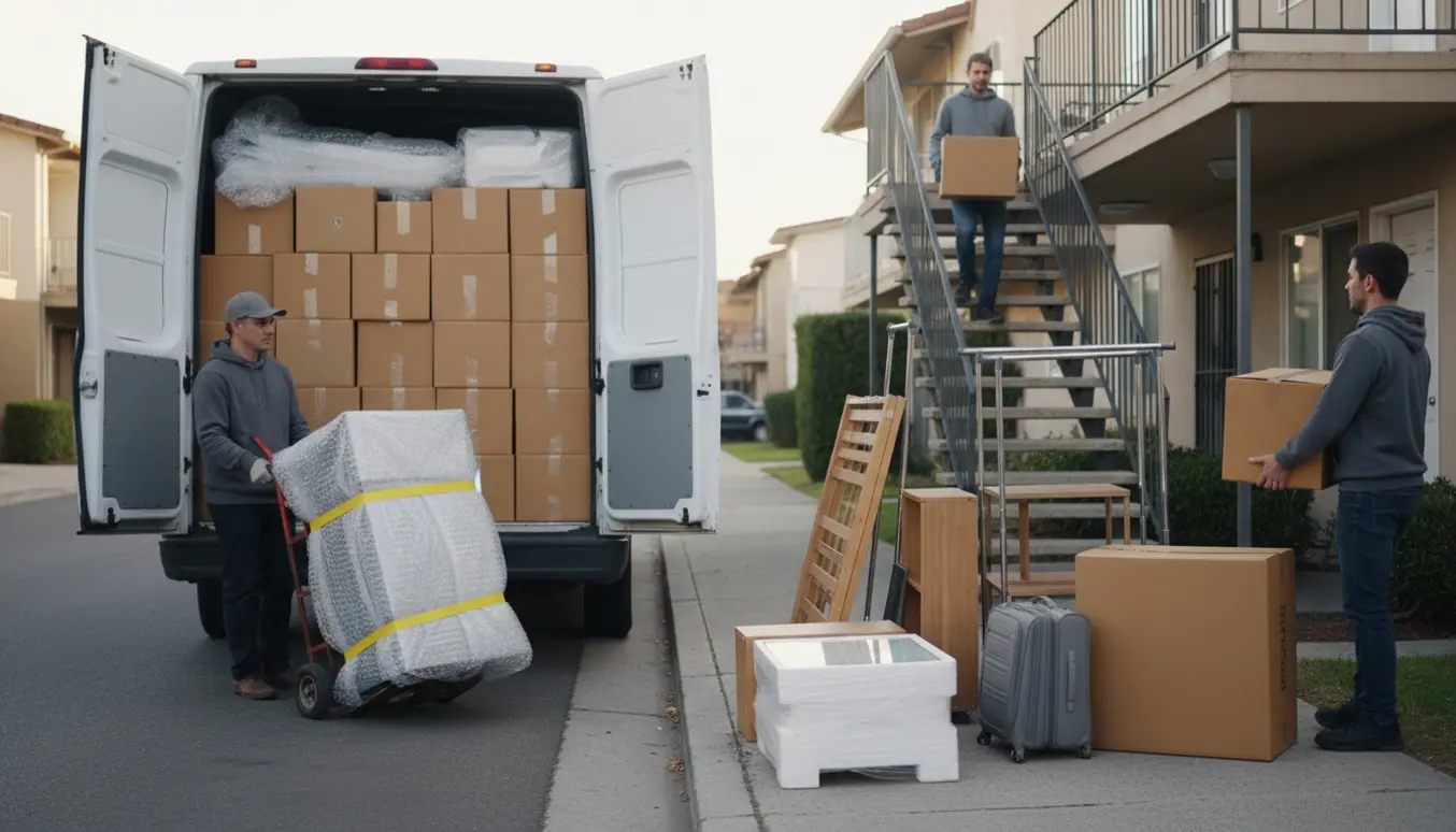Flyttefolk læsser en varevogn med flyttekasser, møbler og et køleskab mens hjælpere bærer ting op ad trappen.