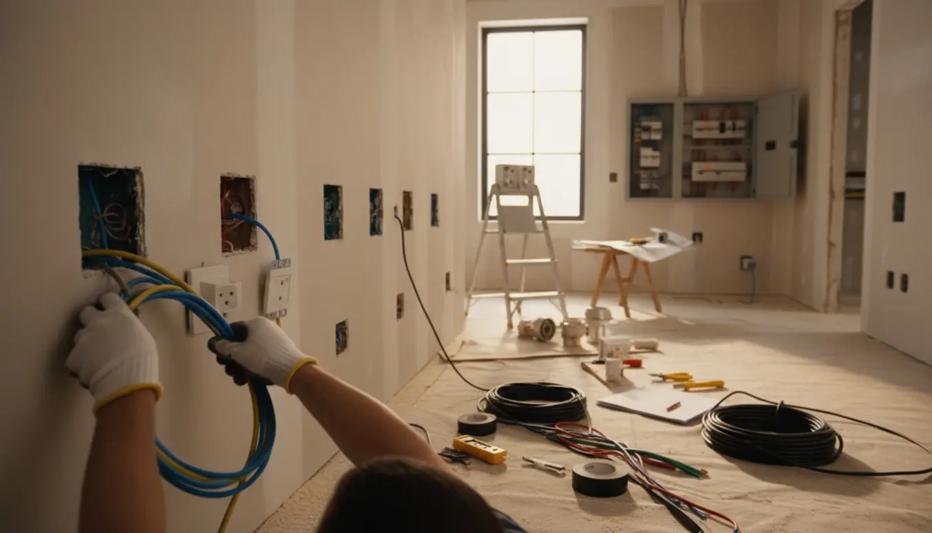 Hænder til en elektriker arbejder med nye ledninger og udtag i et boligrum under el-renovering.