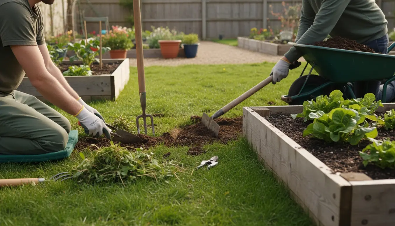 Hænder i handsker fjerner ukrudt og bruger en kantspade til at afrette bedkanter i en lille have.
