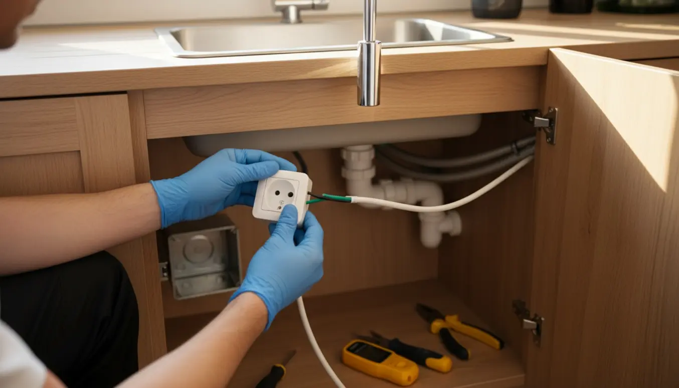 Hænder installerer en ekstra jordet stikkontakt i et køkkenskab under vasken med åben elkasse og værktøj.