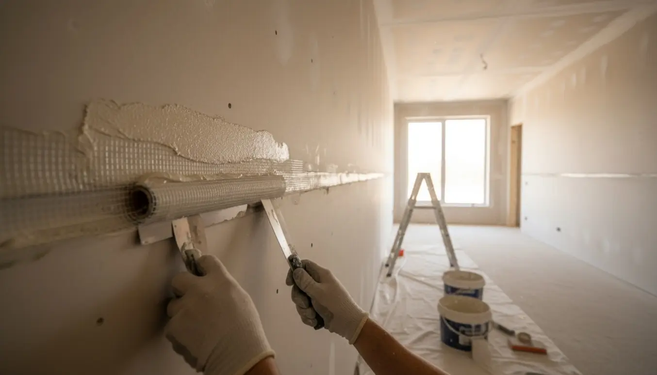 Lang gipsvæg under spartling og opsætning af glasvæv med værktøj i naturligt dagslys.