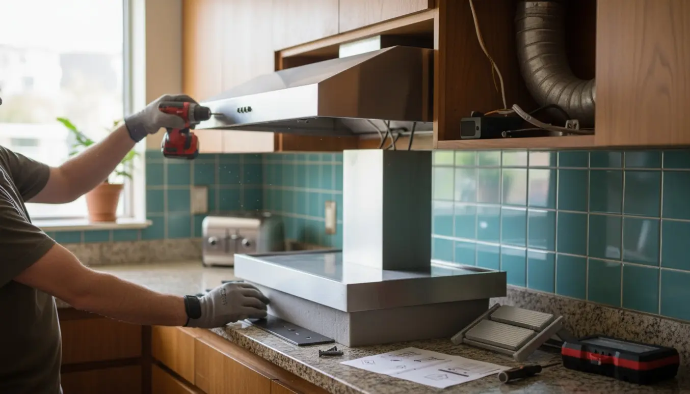 Installering af en integreret emhætte i et køkken med værktøj og nyt apparat klar på bordet.