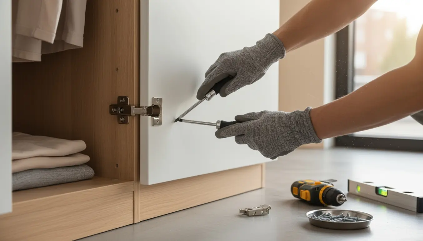 Nærbillede af hænder, der monterer og justerer et hængsel på en moderne skabslåge.