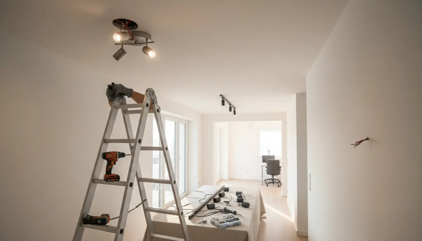 Installatør monterer spotlamper i en lys gang med skinner og materialer klar i stuen.