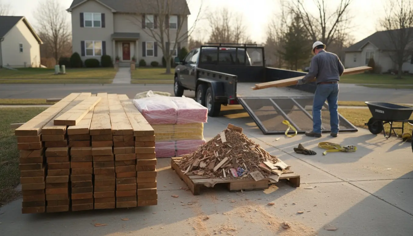 Sorteret byggeaffald med træ, isolering og trailer klar til pålæsning ved villavejen.