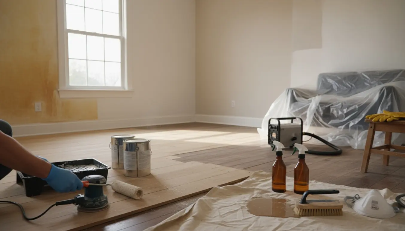 Indendørs billede af en tidligere rygerbolig med sandet trægulv, malerudstyr, ozongenerator og afdækning klar til rengøring og maling.