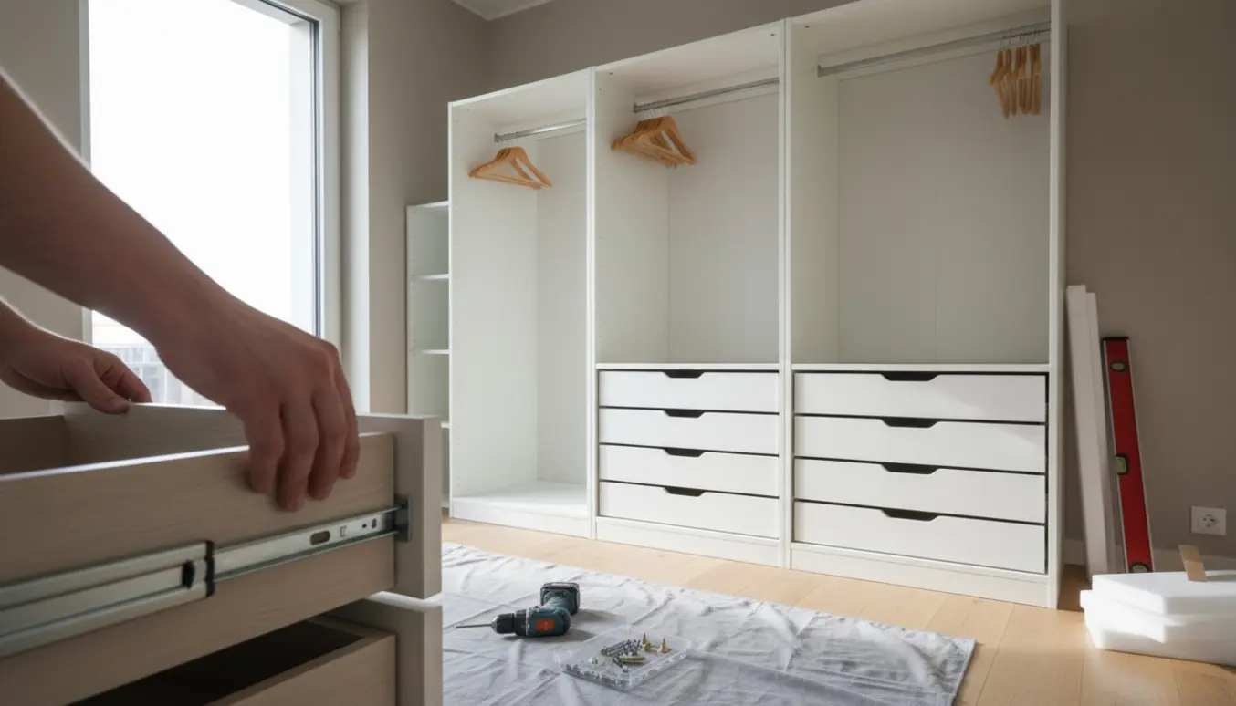 Tre hvide garderobeskabe under montering med skuffer, bøjlestænger og værktøj i et lyst rum.