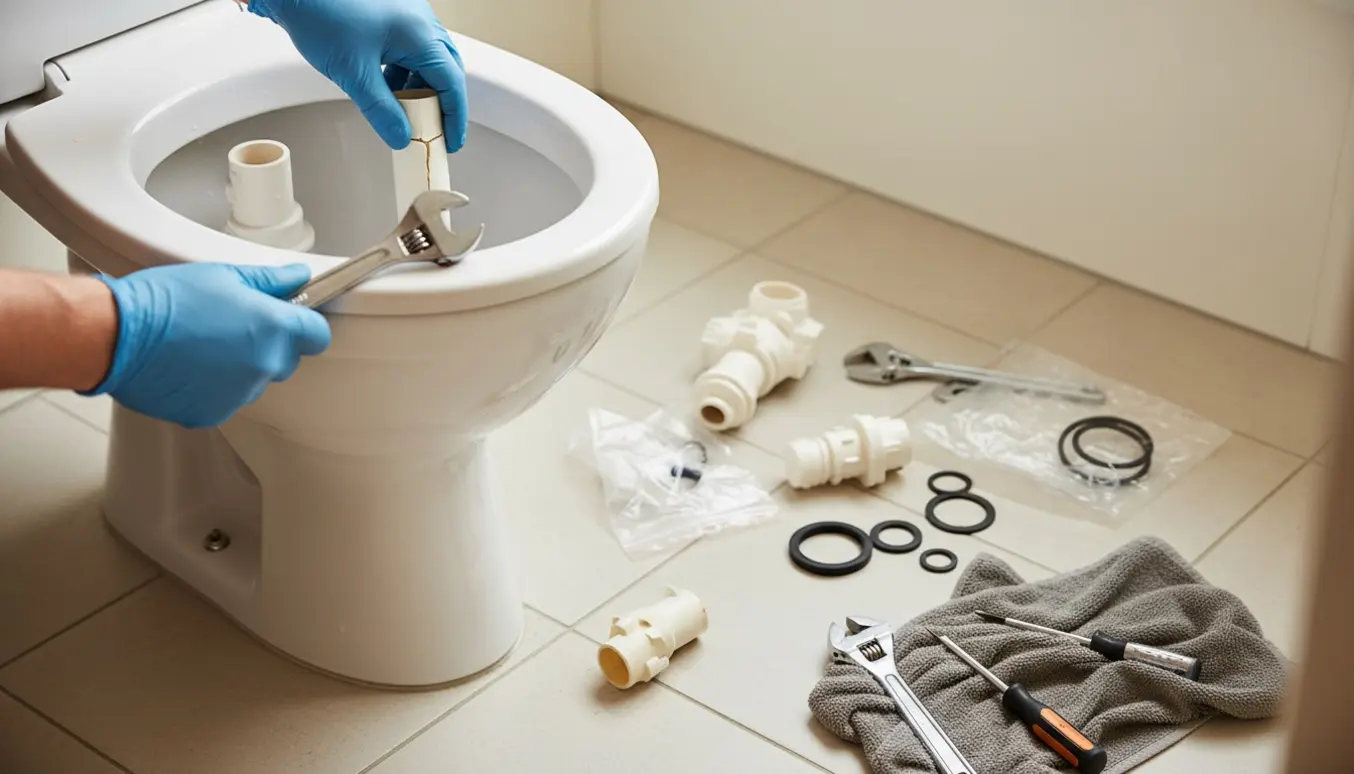 Åben Ifø Cera-cisterne med hænder og værktøj, mens indvendige dele og en knækket indløbsledning udskiftes.