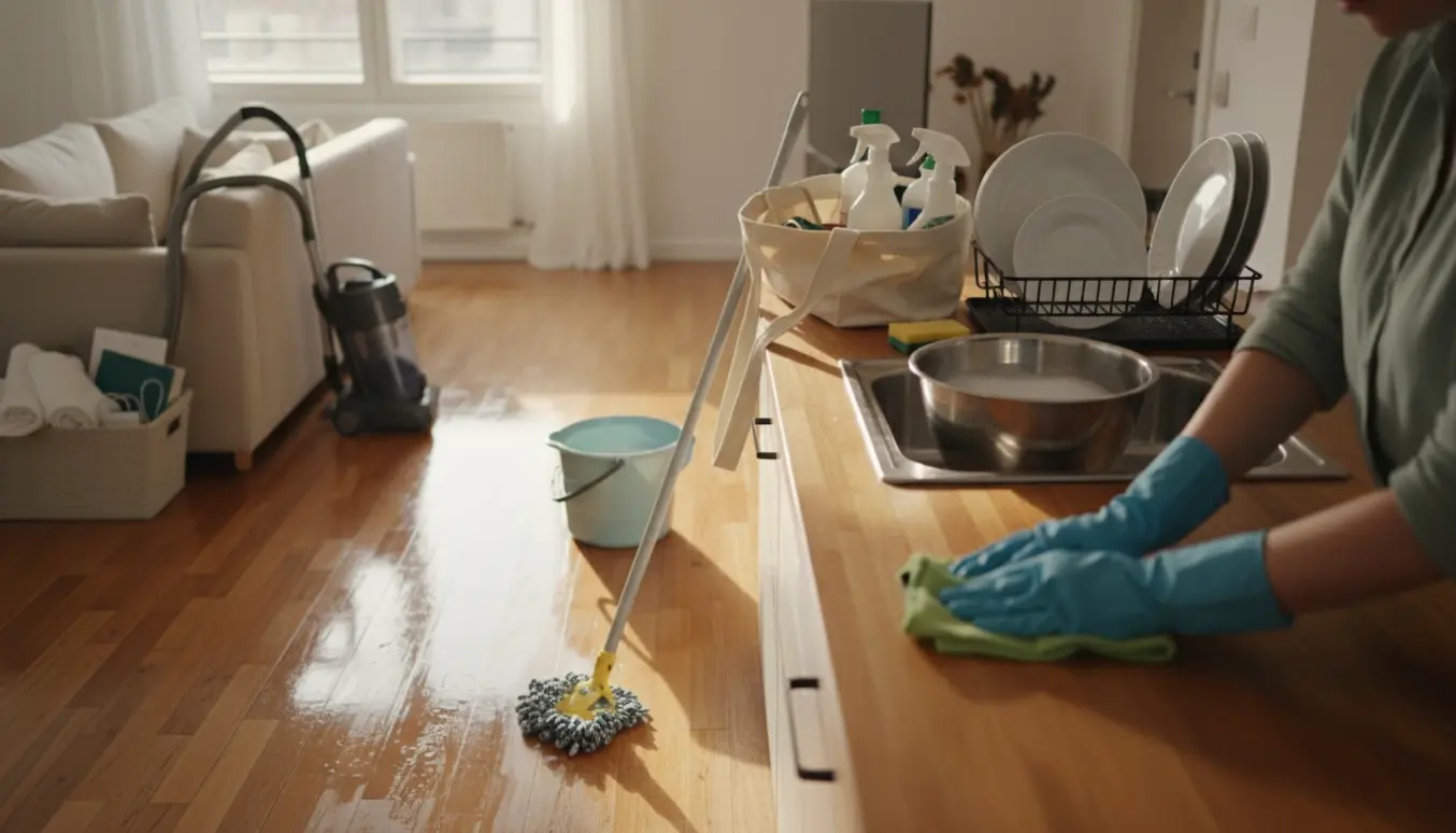 Person med handsker tørrer køkkenbord af, mens moppe, spand og støvsuger står parat i en solbeskinnet lejlighed.