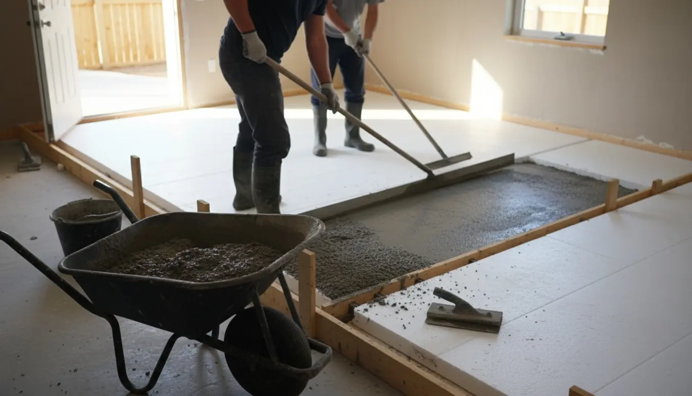 Vådt beton hældes og udjævnes ovenpå hvid flamingo i et lyst rum.