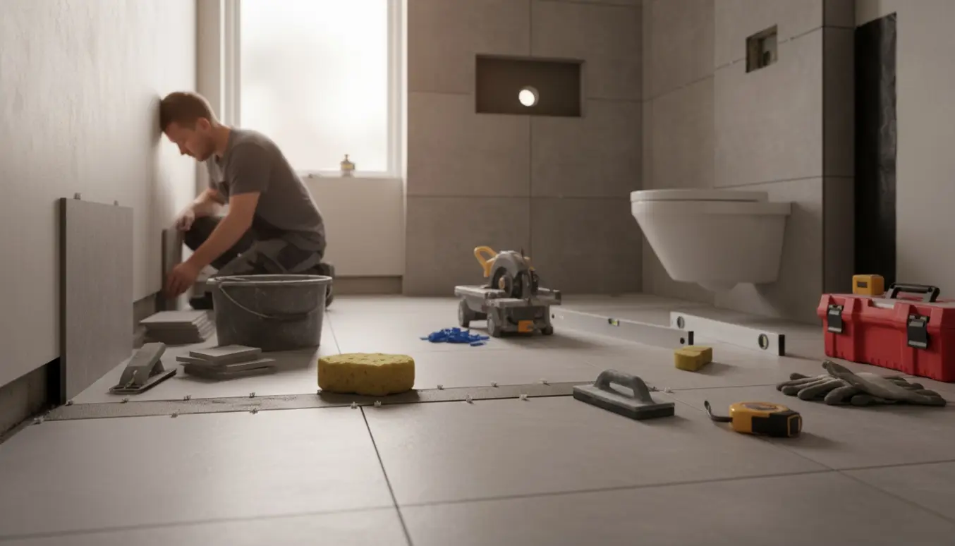 Nærbillede af fliselægning i badeværelse med 60x60 gulvfliser, 120x60 brusevæg og værktøj, ingen ansigter synlige.