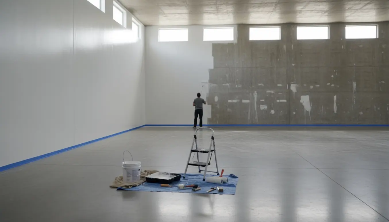 Et lavloftet tomt lagerlokale set bagfra med en maler, ruller hvid maling på væggen, hvor den ene side allerede er friskmalet.