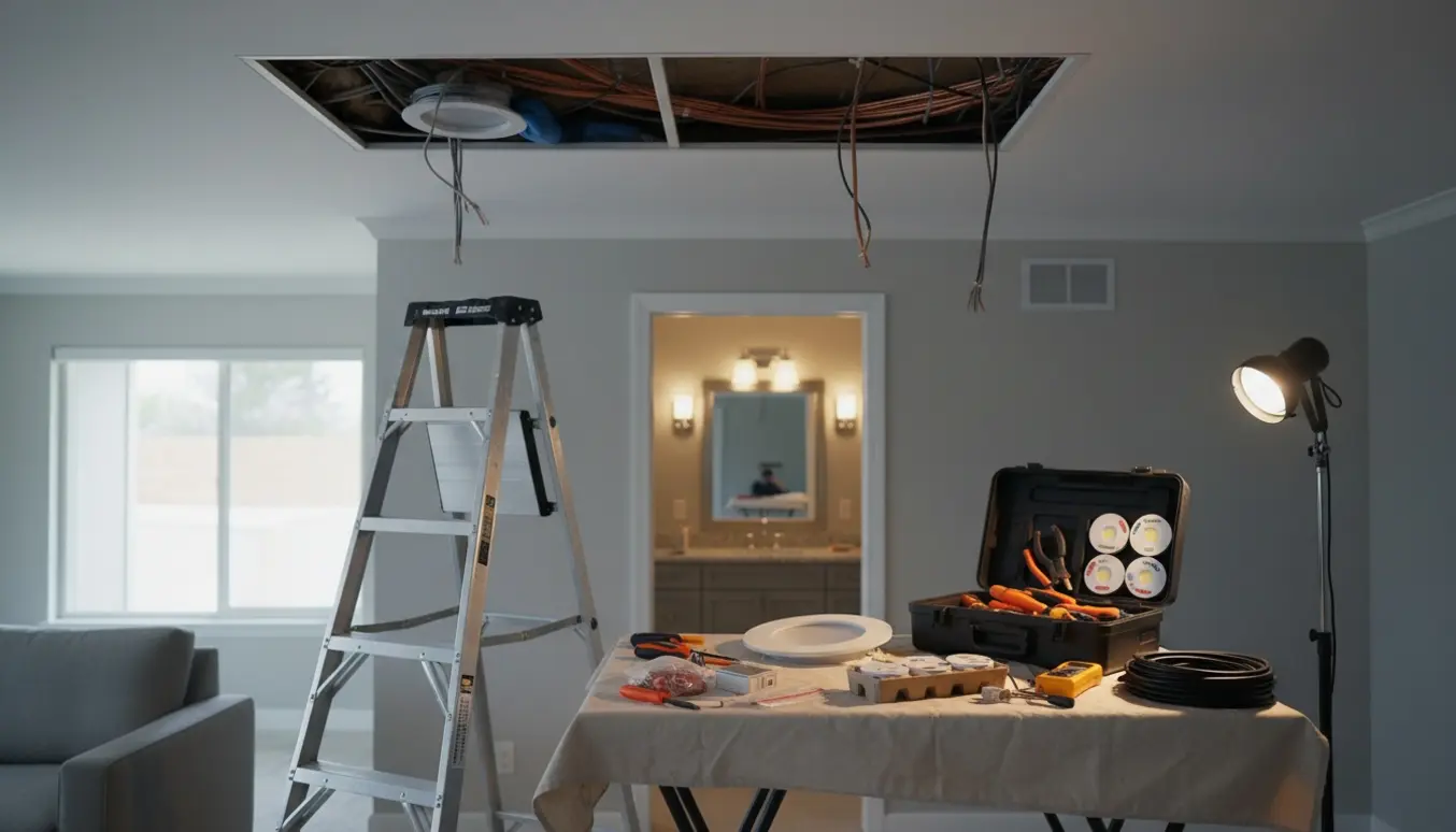 Udsnit af nedsænket loft med fjernede plader og hænder, der monterer nye dæmpbare LED-spots med værktøj og stige.