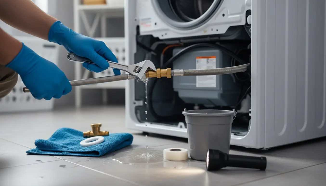 Reparation af utæt vaskemaskine med åben indtagsstuds, skiftenøgle og spand til opsamling af vand.