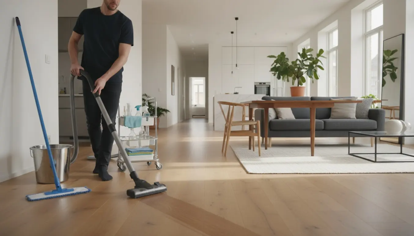 Professionel rengøring i et lyst, rummeligt hjem på cirka 140 m² med støvsugning og gulvvask i gang.