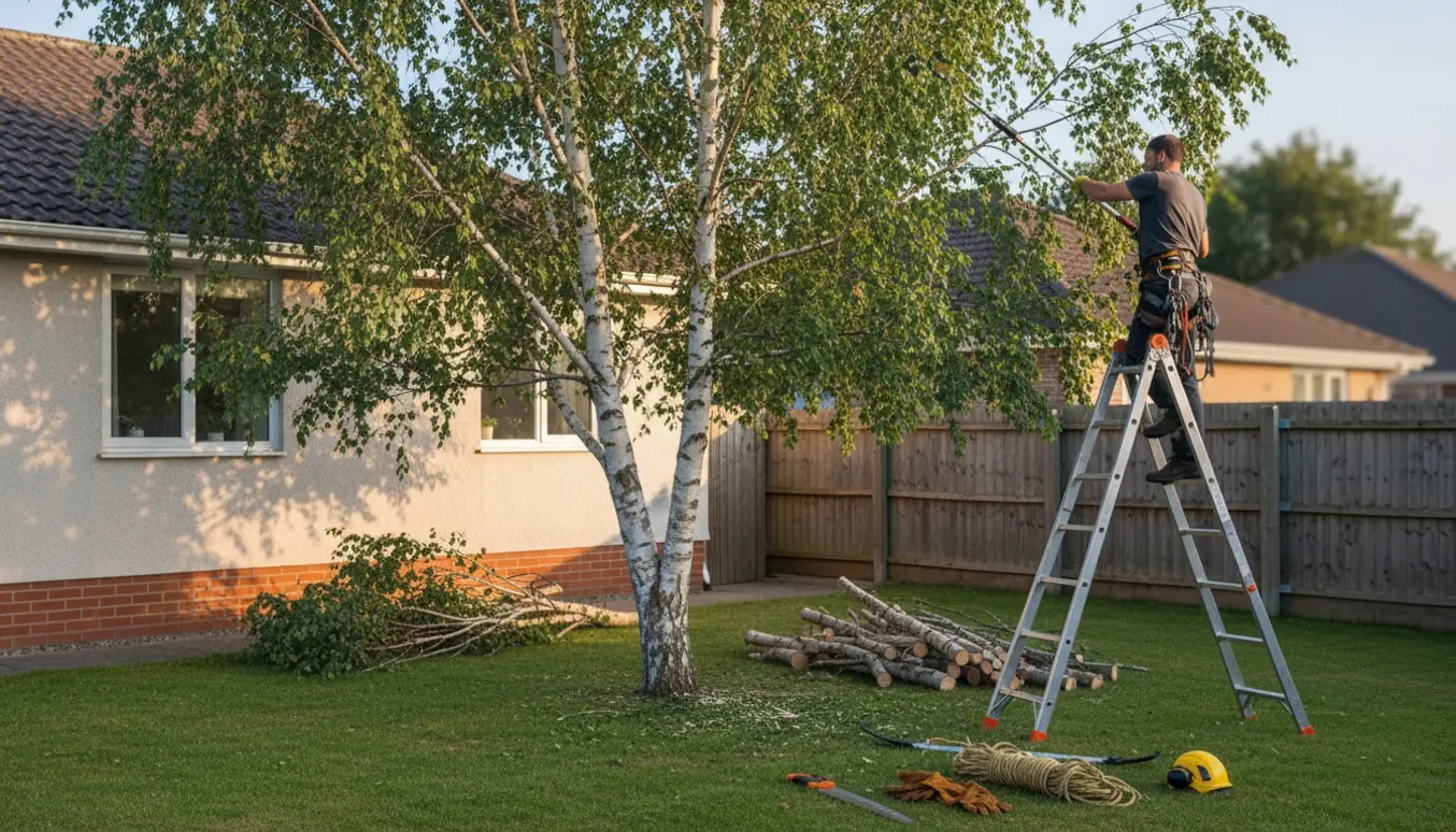 Arborist beskærer et birketræ i parcelhaven med stakkede grene ved husets side.