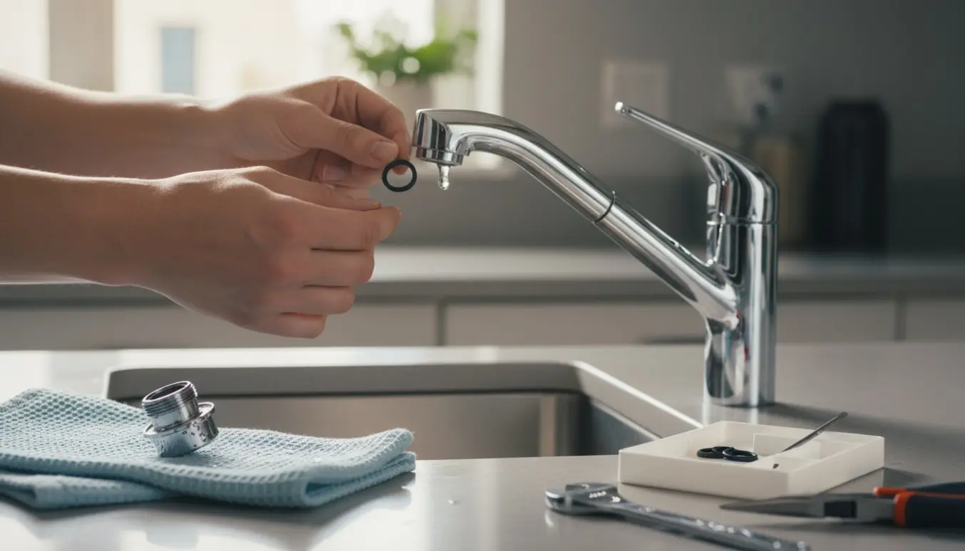 Nærbillede af hænder, der udskifter en lille sort gummiring i en krom køkkenvandhane over en stålvask.