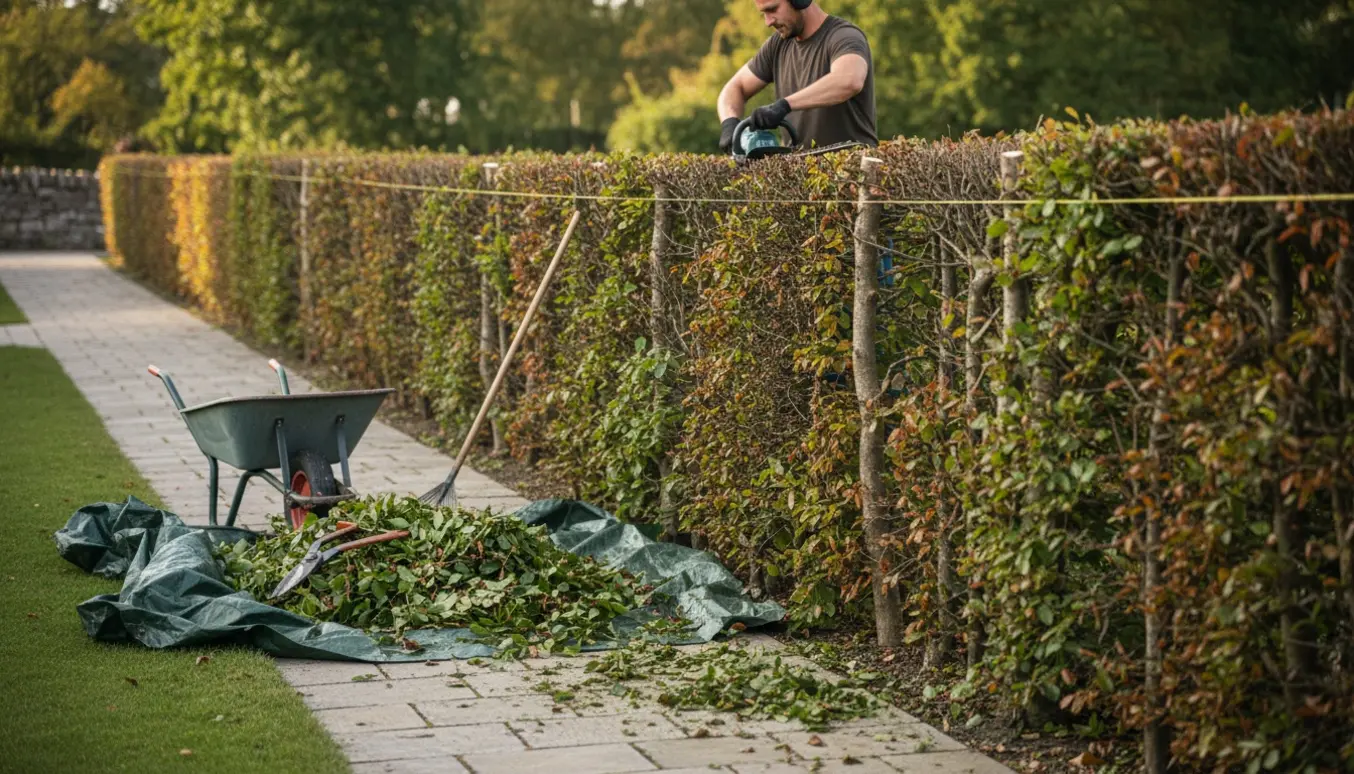Bøgehæk beskæres langs en flisegang, afklip samles i trillebør og på presenning.