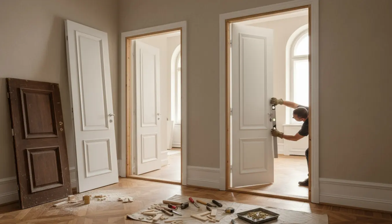 Udskiftning af to hvide fyldningsdøre i en høj stuelejlighed med værktøj og malerklare karme.