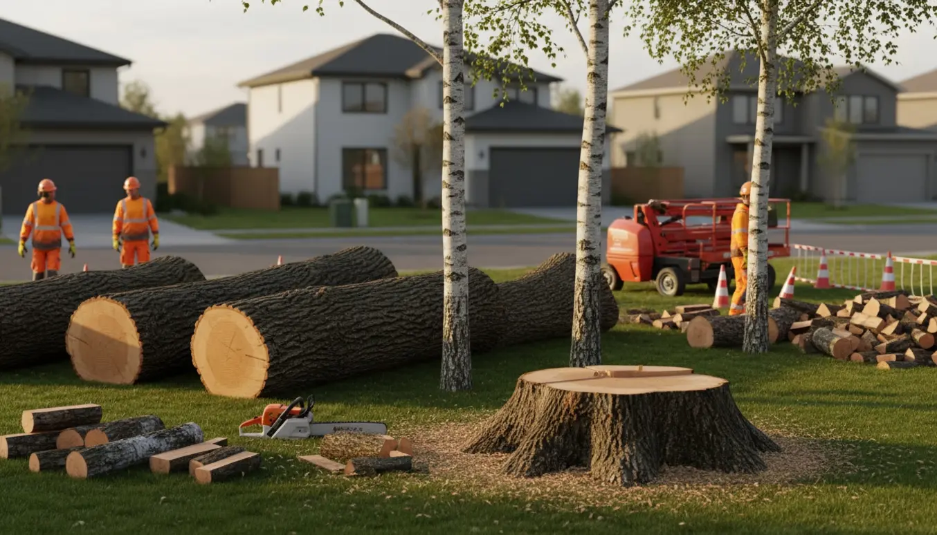 Fældede egetræer og birkestammer stablet på en villagrund med savflis og udstyr, uden tydelige ansigter.