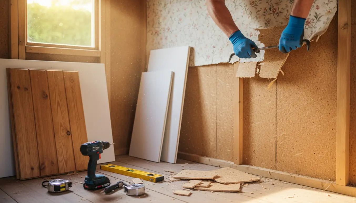 Kolonihaveværelse under renovering med fjernet tapet, eksponeret tynd træfiberplade og stakke gips- og træplader klar til montering.