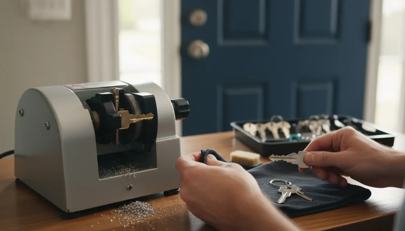 Nærbillede af en låsesmeds værksted med to nyfremstillede husnøgler på en arbejdsbænk.