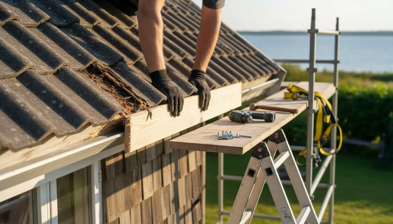 Udskiftning af rådne vindskeder på et sommerhus med nye træbrædder og værktøj.