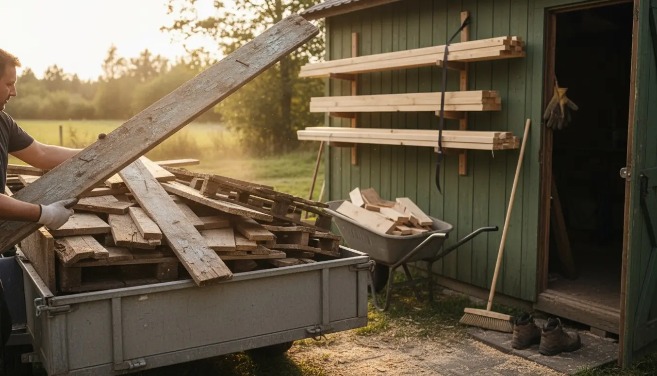 En person læsser gammelt og nyt træ i en trailer, mens lange brædder er pænt stablet i et redskabsskur.