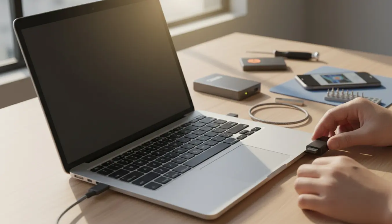 En MacBook Air på et skrivebord, hvor en ekstern SSD er tilsluttet for at gendanne disken.