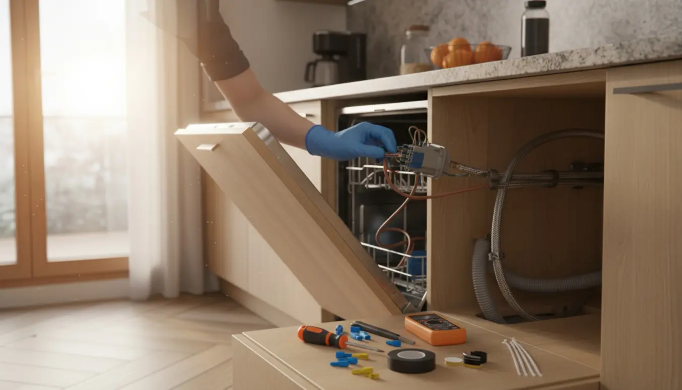 Handsker og værktøj ved en opvaskemaskine trukket ud under køkkenbordet, mens ledninger tilsluttes en isolationsboks.