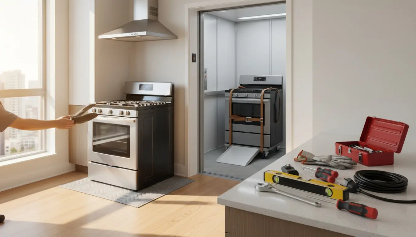 Nyt elektrisk komfur skubbes på plads i et lejlighedskøkken, mens det gamle sænkes i elevatoren.