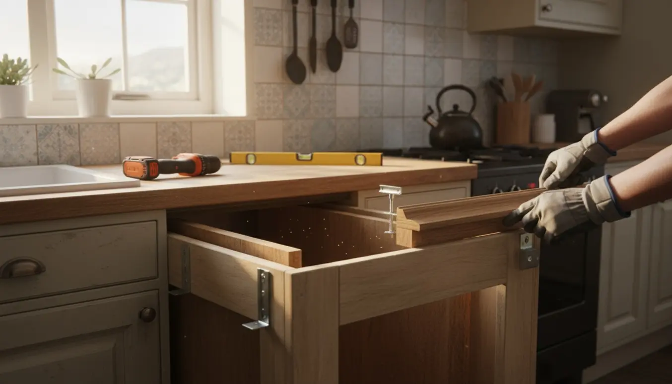 Et køkkenbord hæves med træforhøjninger og værktøj i et gammelt køkken.