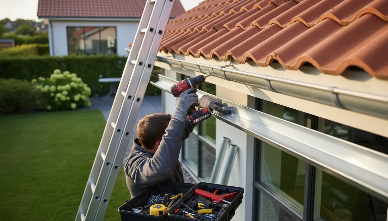 Hænder fastgør en ny tagrende på et parcelhus med boremaskine og stige i baggrunden.