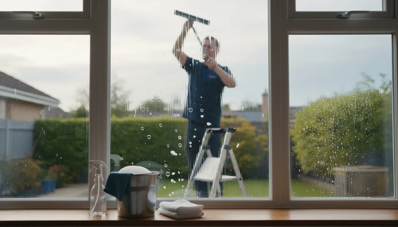 Vinduespudser ses bagfra, pudser store stueetagevinduer med spand og mikrofiberklude.