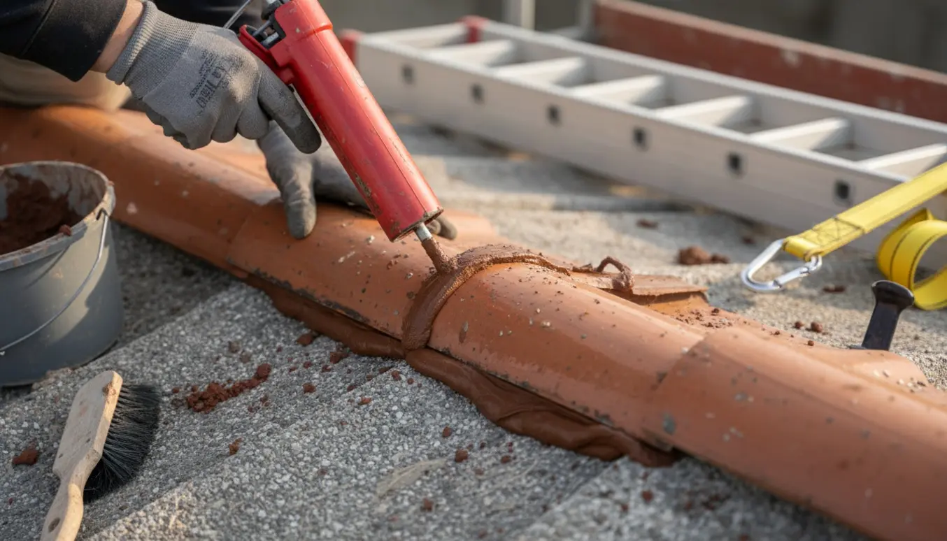 Nærbillede af håndværker, der fuge rygningssten på et eternittag fra stillads, uden synlige ansigter.